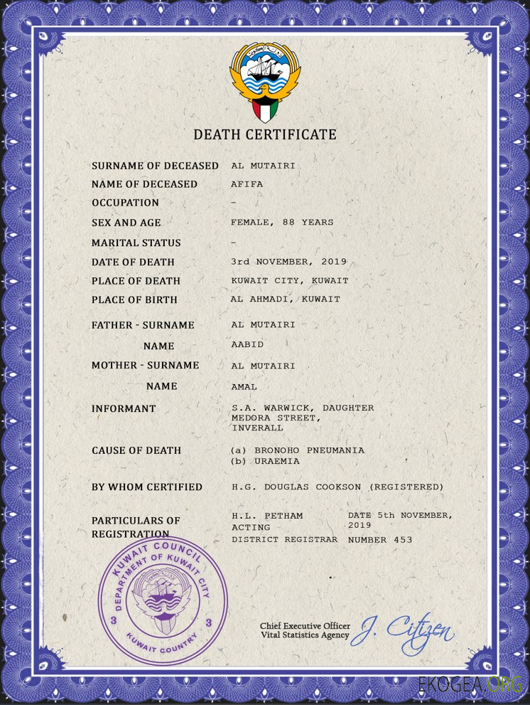 Modèle PSD de certificat de décès de l'état civil du Koweït